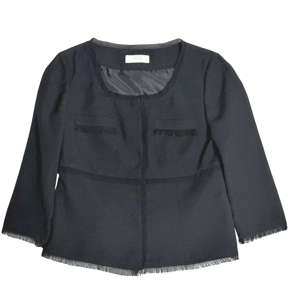 ANOUK Korea Black Textured Crepe Cropped‎ Jacket Fringe Trim - Size 55 (US S)
